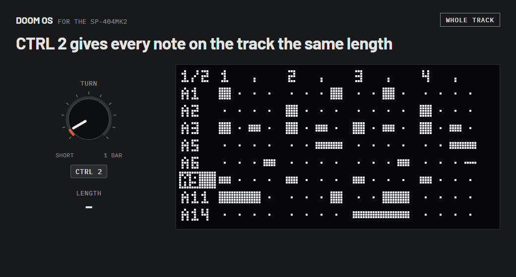 The step grid with track A9 selected. Turning CTRL 2 makes every note on the track longer, from one step to four.