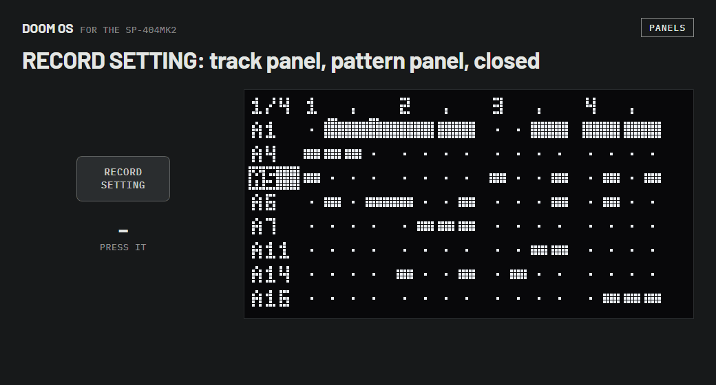 RECORD SETTING pressed three times: the track panel slides in from the left, then the pattern panel from the right, then both are closed.