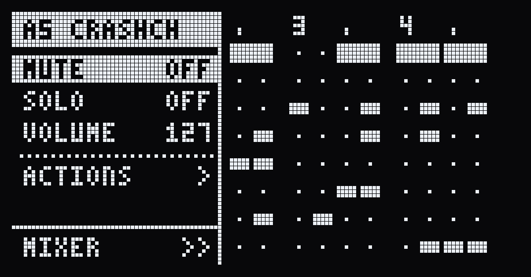The track panel beside the grid: mute off, solo off, volume 127, actions and the mixer