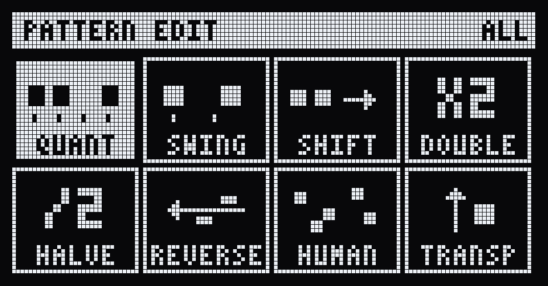 The PATTERN EDIT screen with eight tools: quant, swing, shift, double, halve, reverse, human, transp