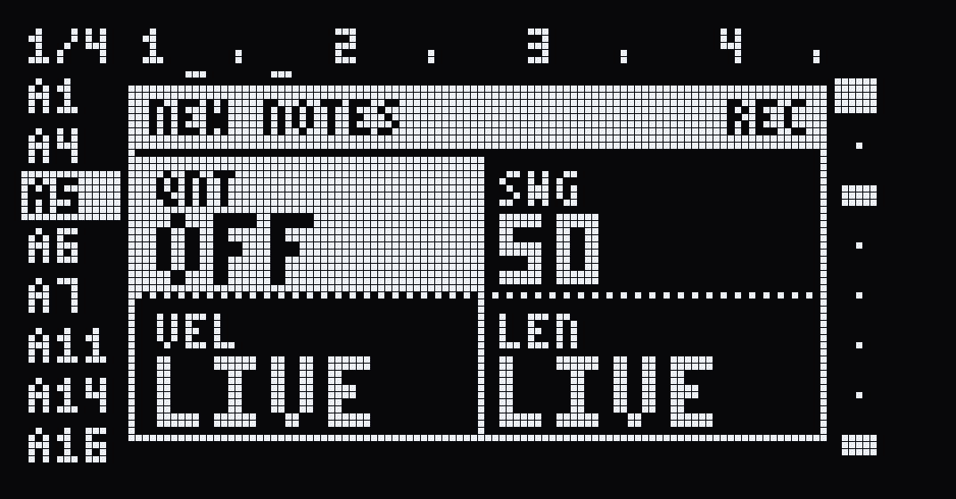 The NEW NOTES panel over the grid: quantise off, swing 50, velocity live, length live
